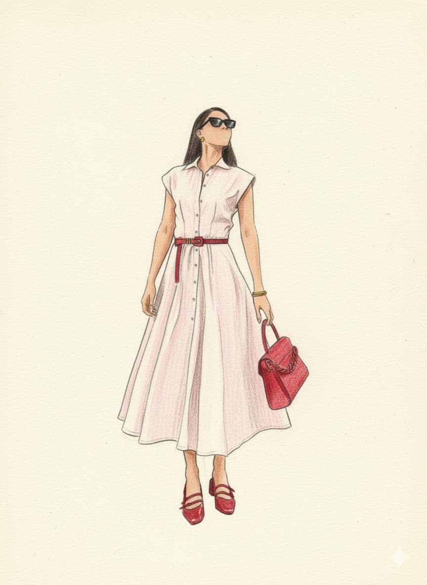 Ilustração do Vestido Verona — vista frontal, vestido branco com cinto vermelho