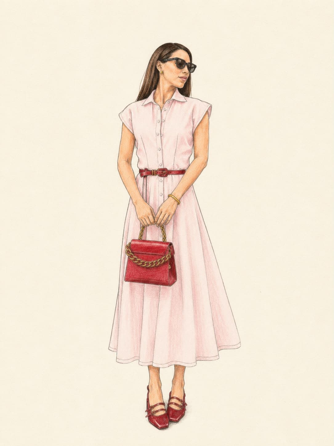 Ilustração do Vestido Verona — três perspectivas: frente, diagonal e lateral