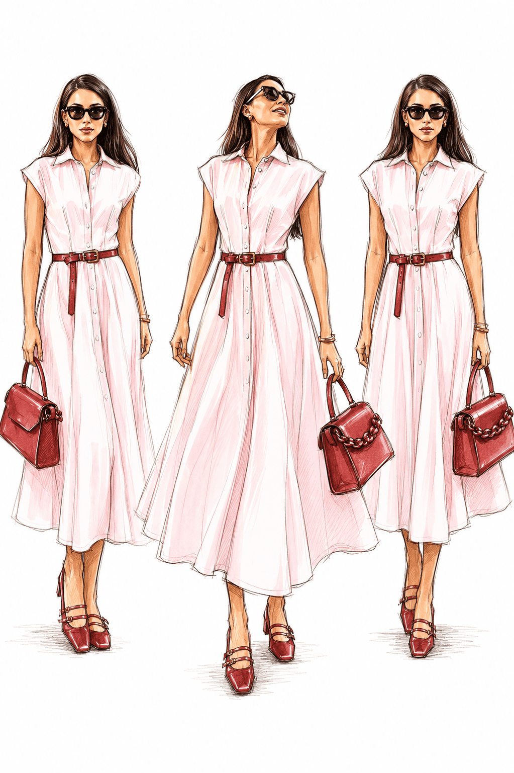 Três perspectivas do Vestido Verona em ilustração — frente, diagonal e lateral