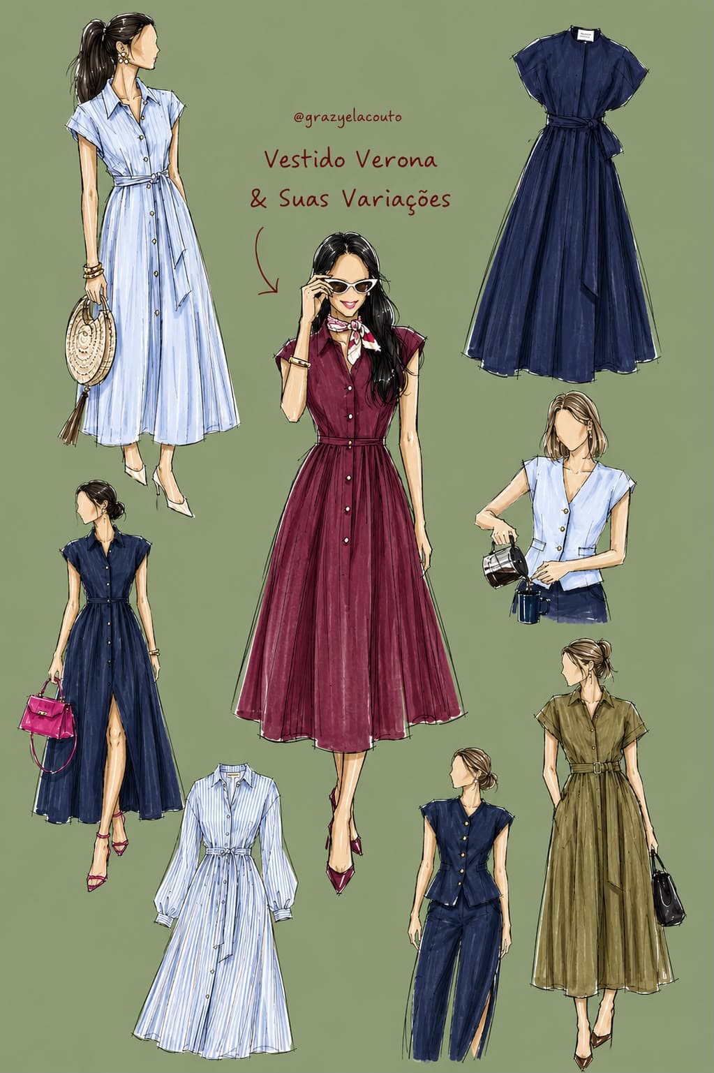 Vestido Verona e Suas Variações — coleção de estilos: azul, borgonha, marinho e verde
