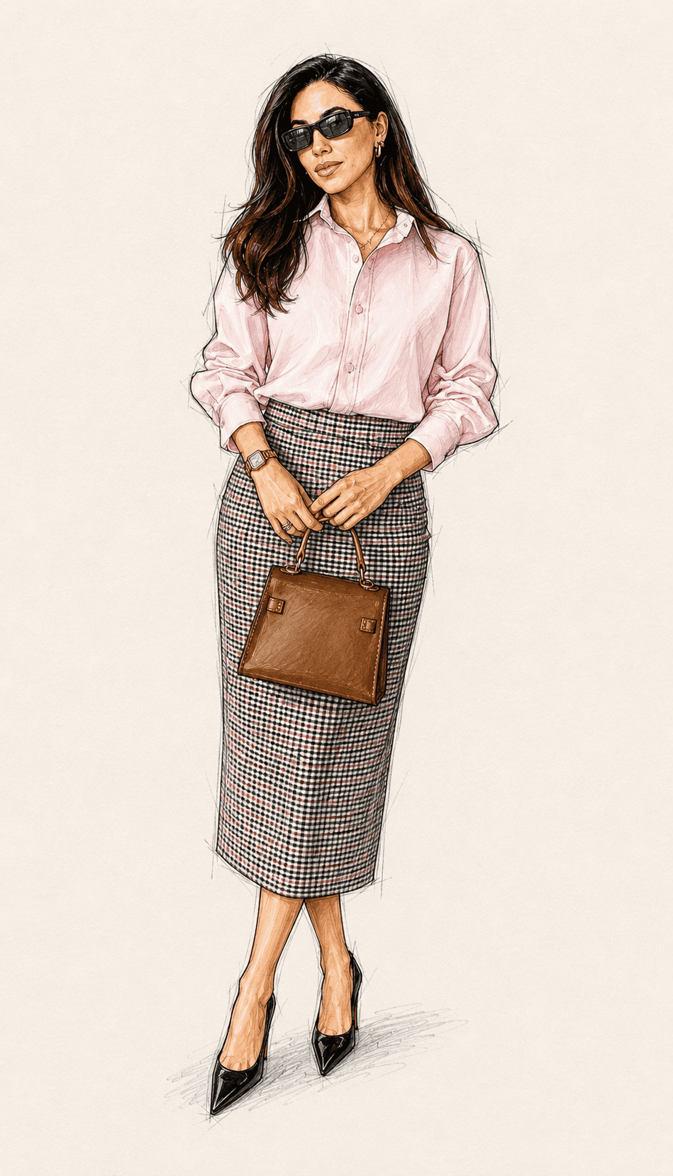 Ilustração de moda — saia midi xadrez com camisa