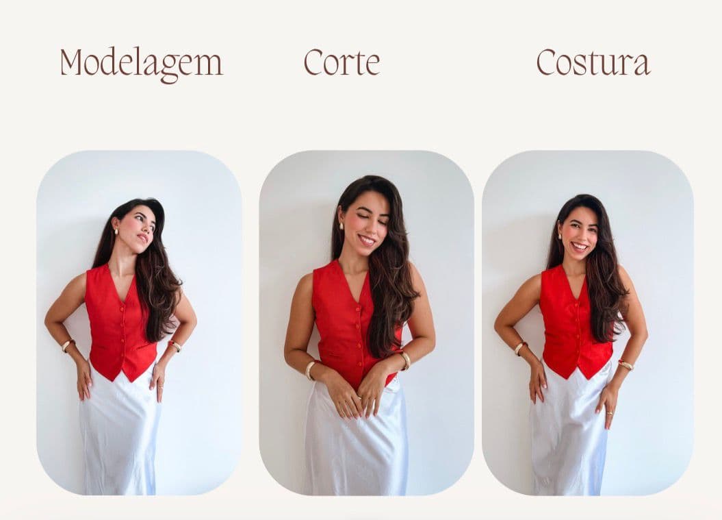 Tres imagens da Grazyela Couto usando o Colete Alfaiataria