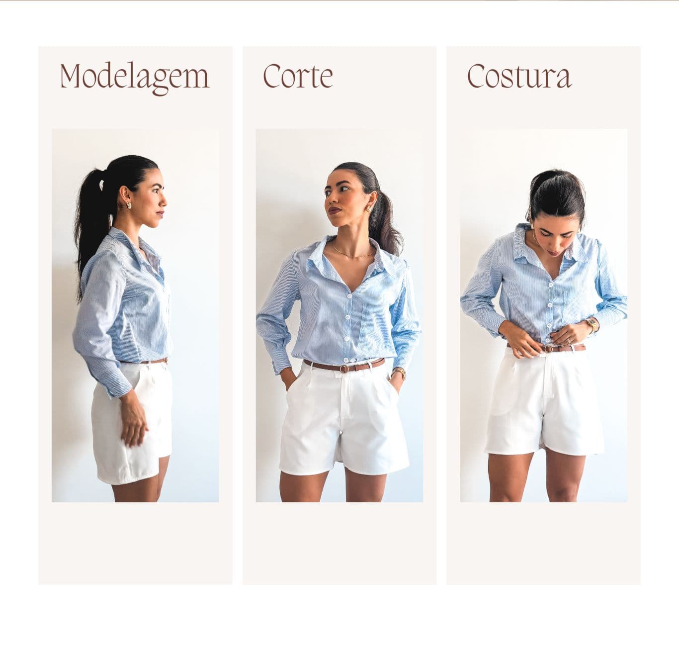 Tres imagens da Grazyela Couto usando o Short Alfaiataria