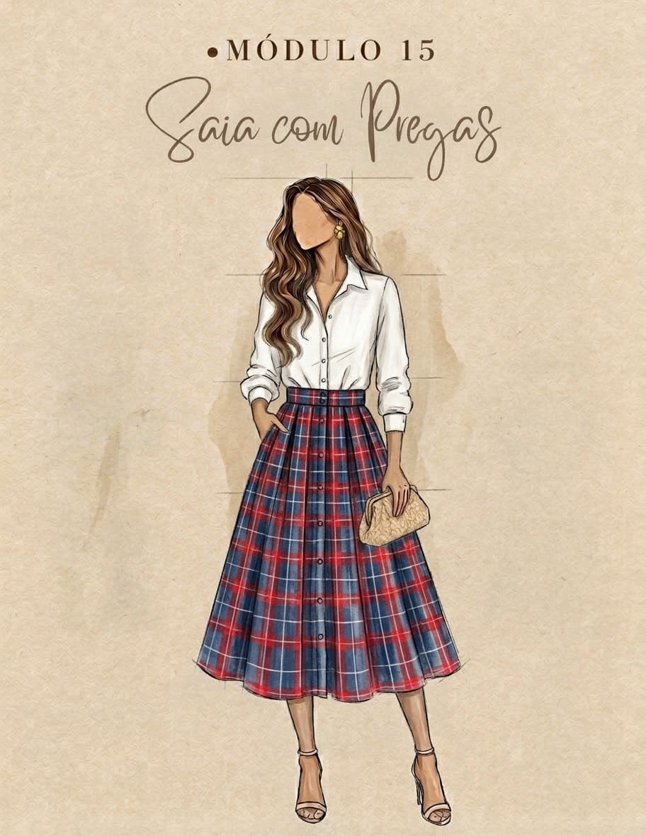 Saia com Pregas midi xadrez com abotoamento frontal e camisa clássica