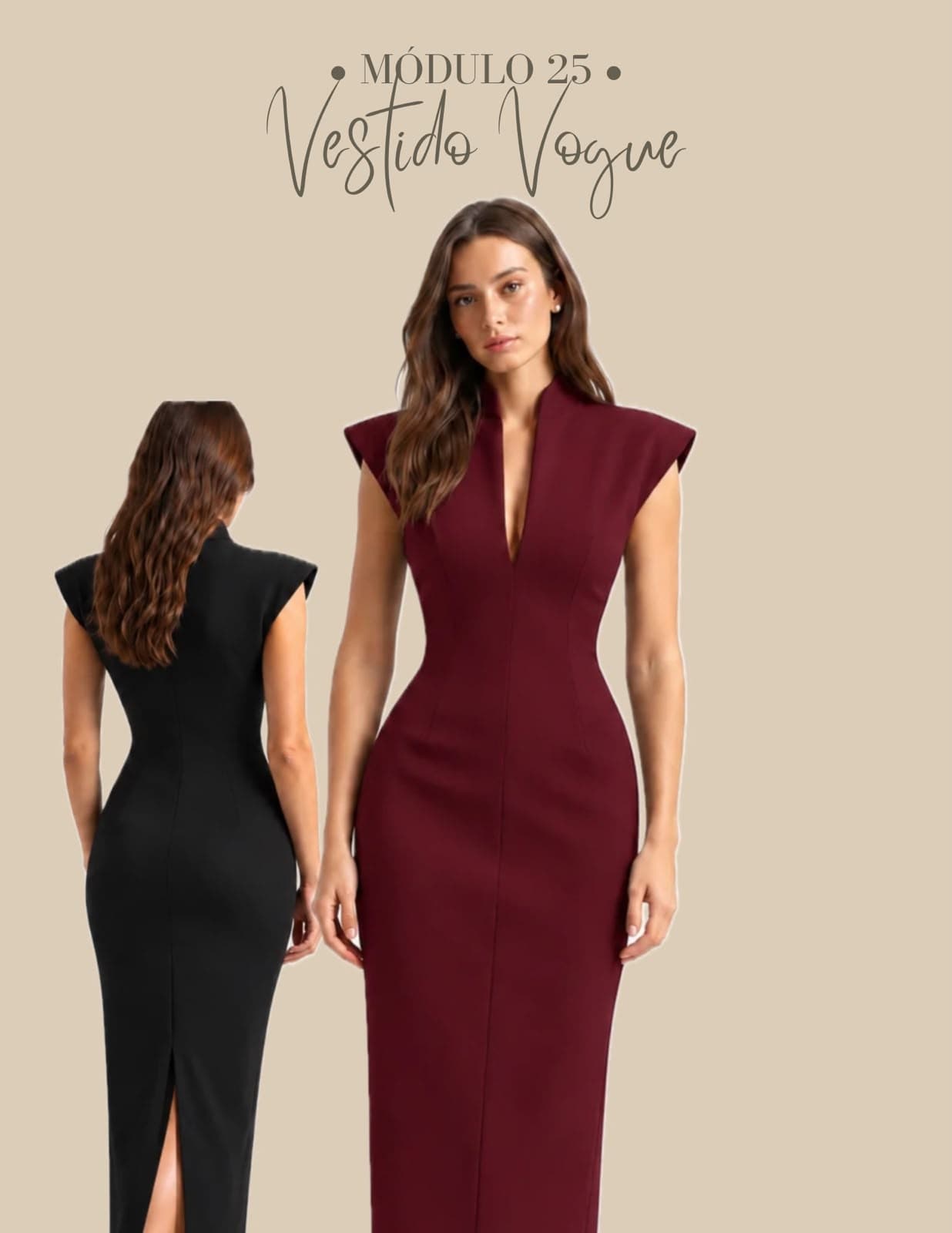Vestido Vogue sofisticado com decote em V profundo e gola estruturada